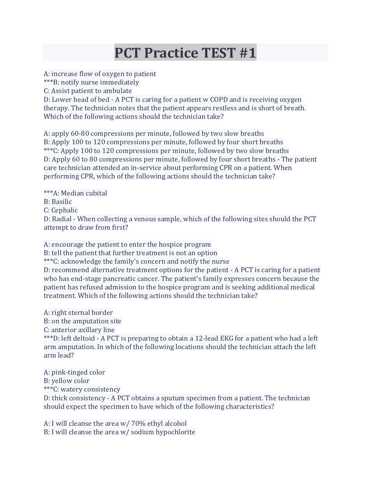 Preview image for PCT Practice TEST #1 QUESTIONS AND ANSWERS